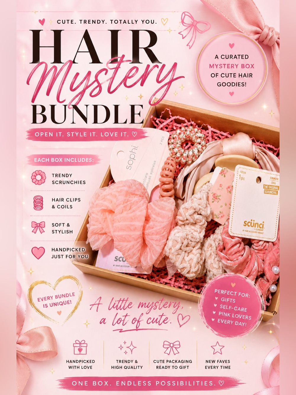 Hair Accessory Mystery Bundle Pink Scrunchies Clips Coils Gift Box